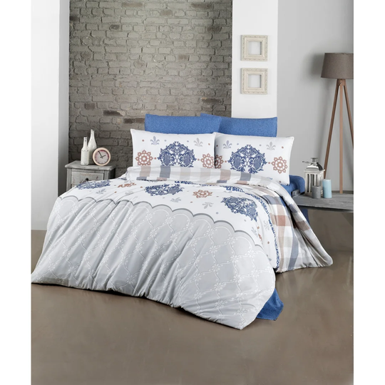 Woodrow Blue/White/Grey/Brown 127 TC Duvet Cover Set