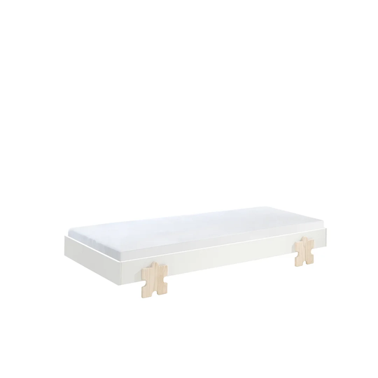 Modulo Single Bed/Stacking Bed 90 X 200 Cm Lying Surface, Grey Lacquered, Foot Puzzle Optics Natural Lacquered Pine
