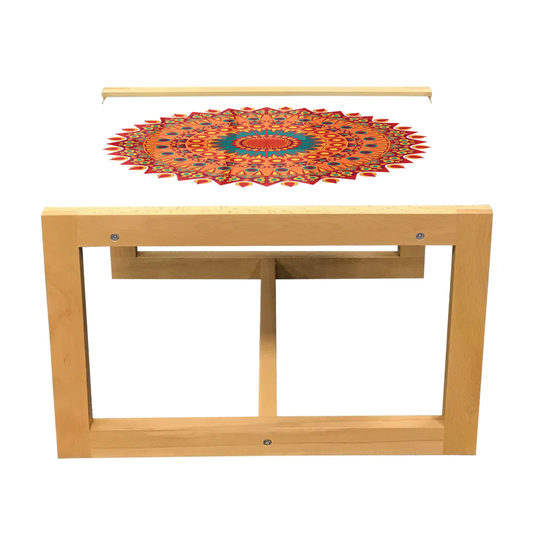Mandala Coffee Table, Calming Art In Warm Colors Abstract Oriental Culture Medallion Motif Print, Acrylic Glass Center Table With Wooden Frame For Off