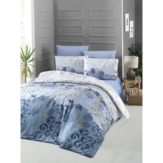 Olin Blue/White/Brown Cotton Satin 210 TC Modern & Contemporary Duvet Cover Set