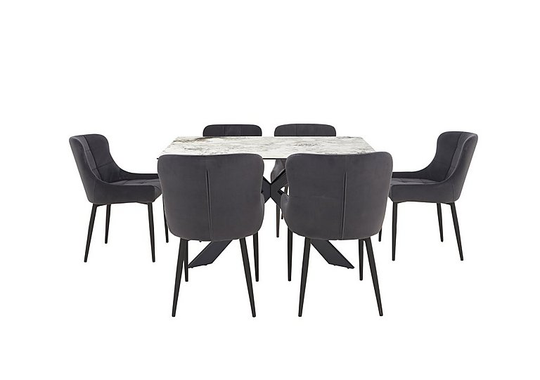 Kos Dining Table with 6 Velvet Dining Chairs Dining Set - Grey
