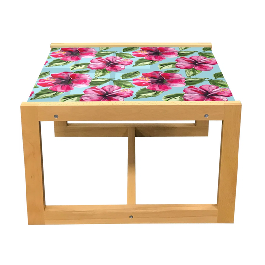 Watercolor Coffee Table, Close Up Painting Of Hibiscus And Leaves, Acrylic Glass Center Table With Wooden Frame For Offices Dorms Hot Pink Eggplant
