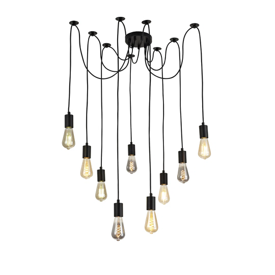 Dreifa 2.5M Pendant, 9 Light Black/Black Cable, E27 Max 60W, C/W Distribution Box & Cable Support Brackets