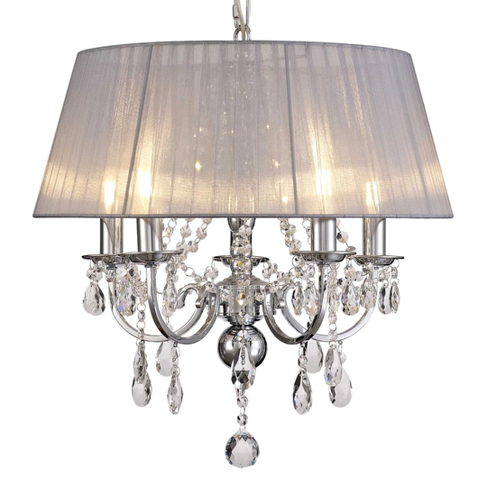 Omara Pendant With Grey Shade 5 Light E14 Polished Chrome/Crystal