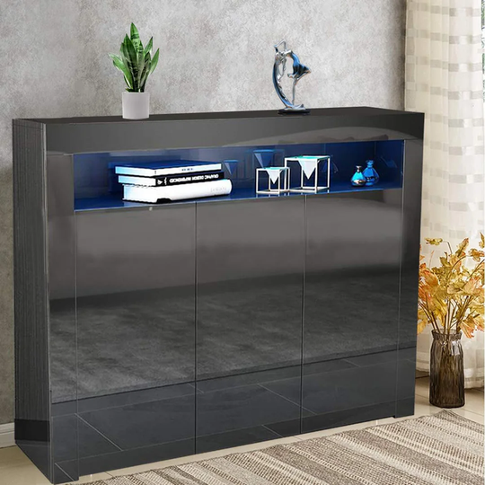 LED Sideboard Cabinet - Cupboard With High Gloss Front And Living Room Cabinet Sideboard Cabinet For Dining Room Bedroom (Black, 3 Doors)