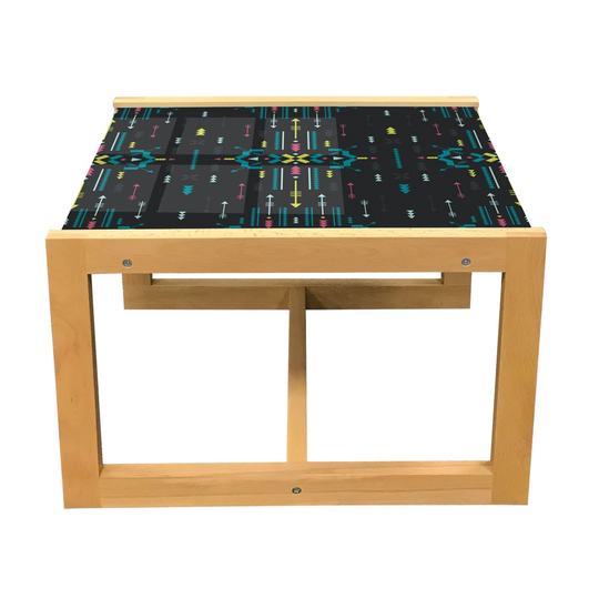 Tribal Coffee Table, Prehistoric Bohemian Geometric Pattern Quirky Motif On Dark Backdrop, Acrylic Glass Center Table With Wooden Frame For Offices Do