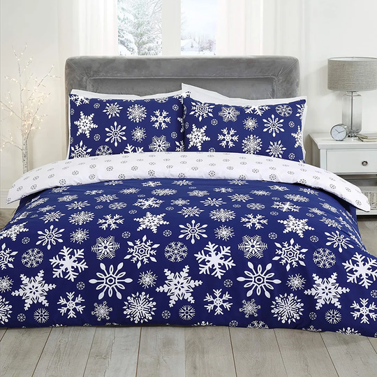 NightComfort Christmas Falling Snowflakes Blue & White Cotton Rich Duvet Cover Set with Pillowcase