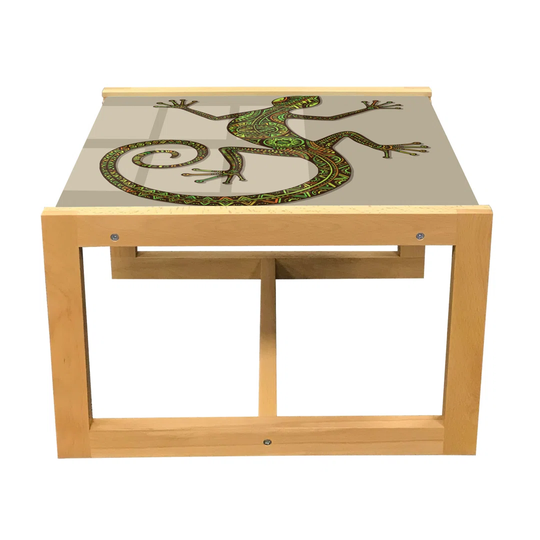 Reptile Coffee Table, Ornamental Colorful Lizard Patterns Moving Around Exotic Creature Theme, Acrylic Glass Center Table With Wooden Frame For Office