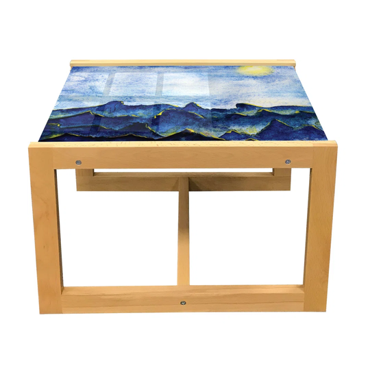 Landscape Coffee Table, Hills Under Cloudy Sky With The Reflection Of Moon Vivid Landscape Print, Acrylic Glass Center Table With Wooden Frame For Off