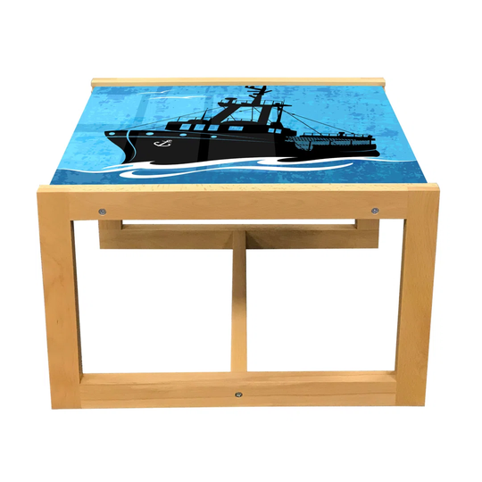 Nautical Blue Coffee Table, Fishing Boat On Wavy Sea With Grunge Sky, Acrylic Glass Center Table With Wooden Frame For Offices Dorms Sky Blue Grey