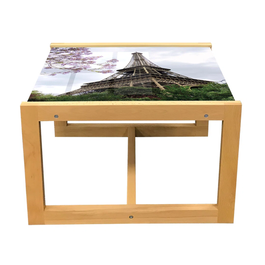 Eiffel Tower Coffee Table, Eiffel Natural Flowers Colorful Blossoms Cloudy Sky Perspective Paris Print, Acrylic Glass Center Table With Wooden Frame F