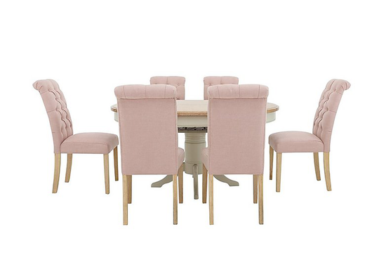Furnitureland - Angeles Round Extending Dining Table and 6 Button Back Dining Chairs - Pink