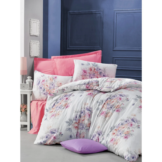 Naveen White/Pink/Purple/Orange/Grey Cotton Satin 210 TC Modern & Contemporary Duvet Cover Set