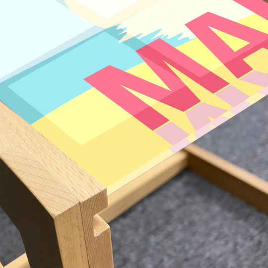 Graphic Beach Coffee Table, Summer Malibu Typography On Sunset Seascape And Palm Trees Colorful Cartoon, Acrylic Glass Center Table With Wooden Frame
