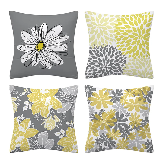 Floral Yellow Cushion Covers For Sofa & Couch, Double Sided Grey Flowers Throw Pillow Covers, Pack Of 4 Square Daisy Pillowcase For Living Room & Bedr