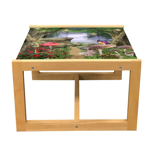 Mushroom Coffee Table, Enchanted Nature Pathway Butterflies Landscape Rocks, Acrylic Glass Center Table With Wooden Frame For Offices Dorms Tan Green
