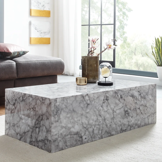Ivy Bronx Coffee Table 100x30x50 Cm Mdf High Gloss With Marble Optics Black | Design Living Room Table Rectangular | Lounge Side Table Cube Table